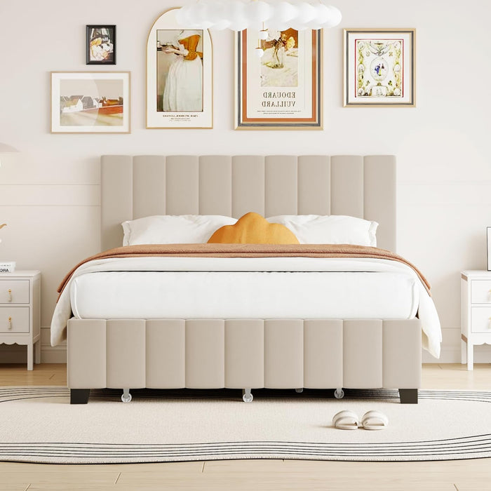 Queen Bed Frame with Trundle Bed,Velvet Upholstered Platform Bed Frame with Storage Drawers,Queen Size Trundle Bed with Headboard for Kids Teens Adults,Beige