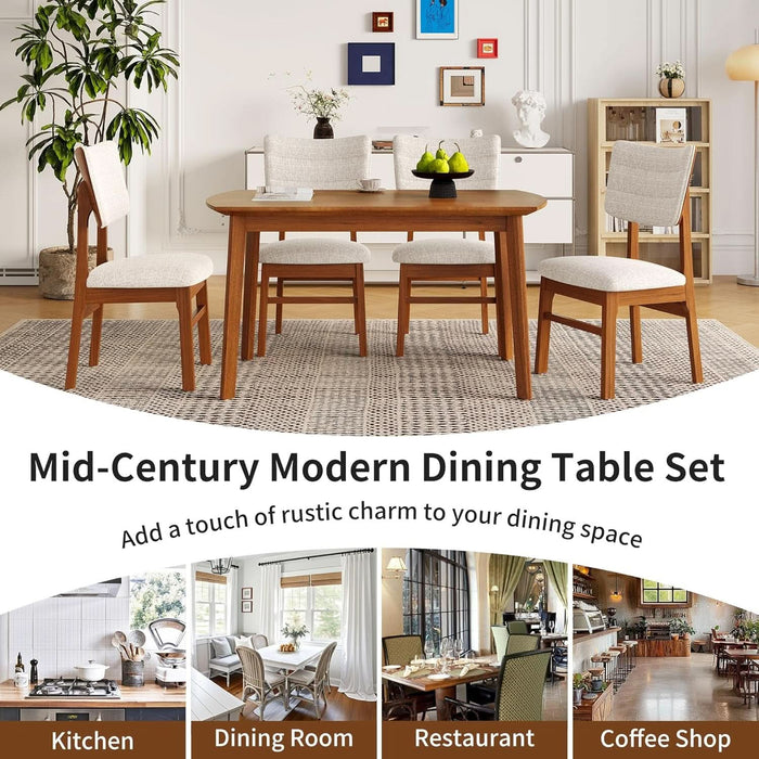 5 Piece Solid Wood Dining Table Set, Farmhouse Mid-Century Modern Table & 4 Upholstered Chairs for Home, Kitchen, Apartment, Space Saving, Brown+Biege