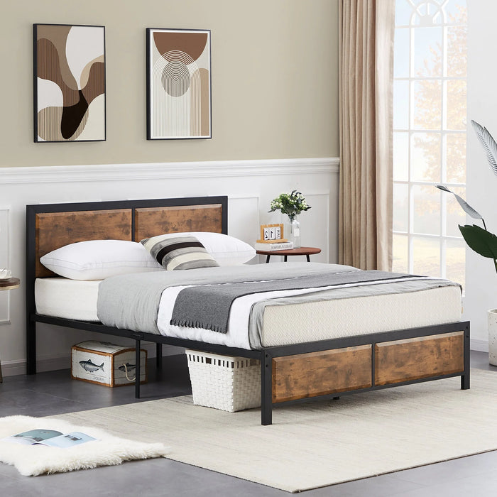 4-Piece Bedroom Set with Queen Size Platform Bed Frame & 5-Drawer Dresser & Two Nightstands, Brown