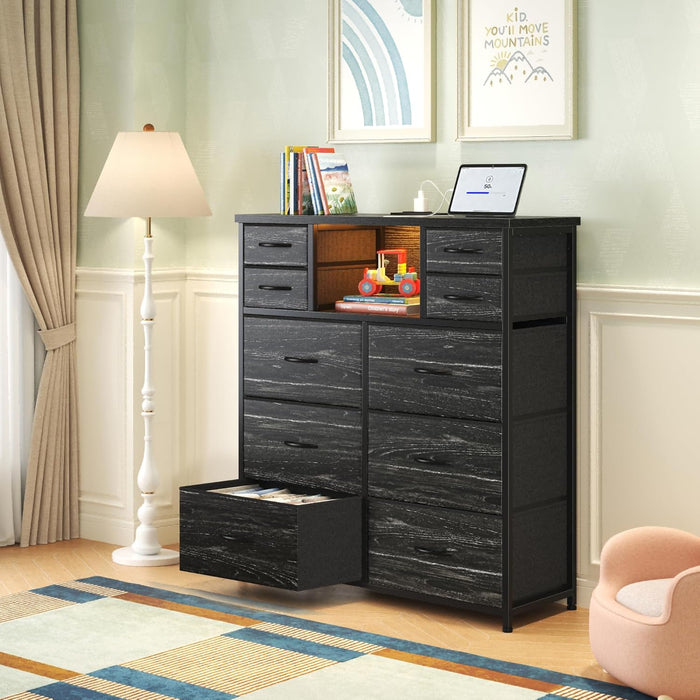 Black Dresser for Bedroom with LED Lights & Power Outlets 2 AC & 2 USB, Fabric 10 Drawer Dressers & Chest of Drawers with Open Shelves for Hallway Living Room Closet, Metal Frame, Wood Top