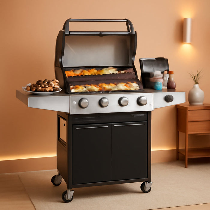4-Burner Propane Gas BBQ Grill with Side Burner & Porcelain-Enameled Cast Iron Grates Built-In Thermometer, 49,000 BTU Outdoor Cooking, Patio, Garden Barbecue Grill, Black and Silver