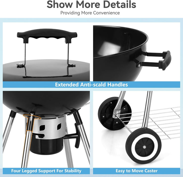 18 Inch Kettle Charcoal BBQ Grill with Wheels, Portable Charcoal Grill with Porcelain-Enameled Lid & Ash Catcher for Outdoor Cooking Barbecue Camping Picnics Tailgating, Black