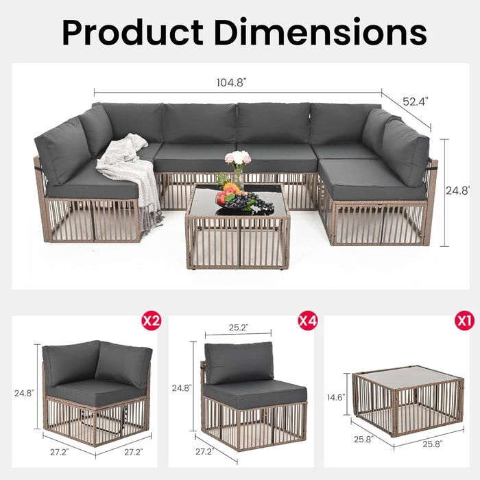 7 Pieces Outdoor Sectional Set, All-Weather PE Rattan Patio Conversation Set, Wicker Adjustable Patio Furniture Set with Washable Cushions Covers and Coffee Table, Brown Rattan, Gray Cushion