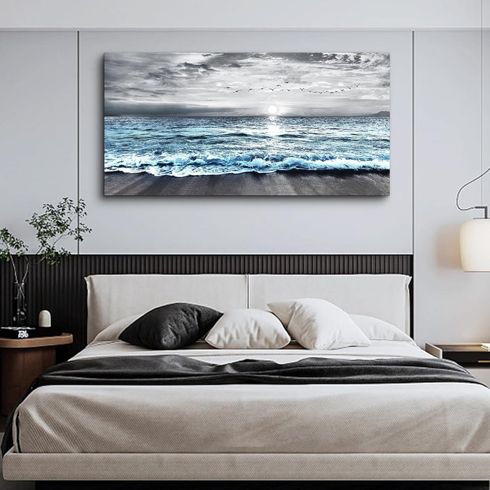 Black and White Beach Wall Painting - Canvas Wall Art for Living Room & Bedroom - Large Decor - Blue Ocean Sea Wave Landscape Pictures Artwork Posters Home Decor