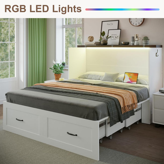 Murphy Bed with Storage & Charging Station, Queen Murphy Cabinet Bed with Large Storage Drawer for Guest Bedroom, Living Room, Office or Small Room, Full Foldable Platform Bed (White, Queen)