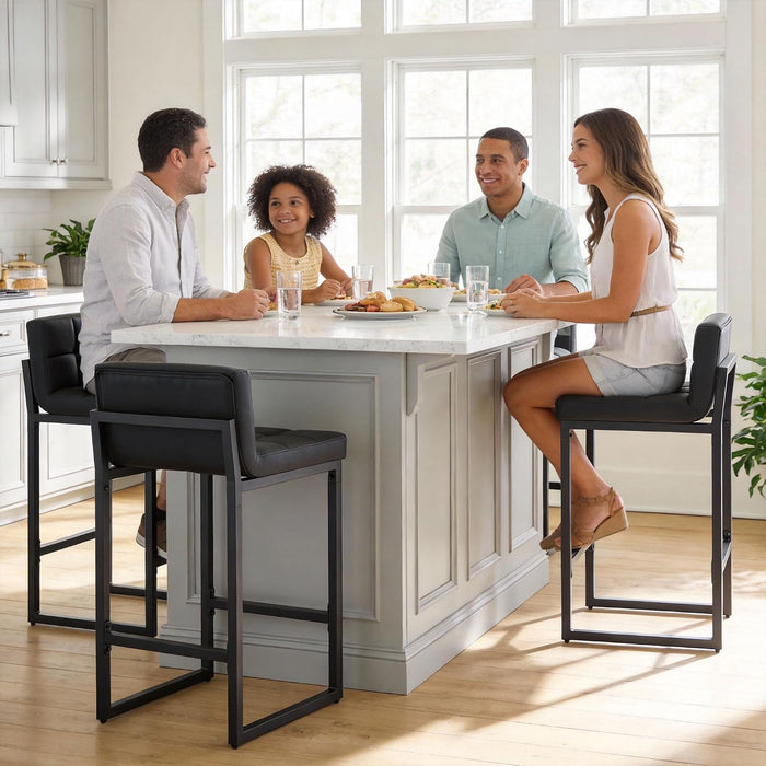Bar Stools Set of 3, Upholstered Faux Leather Counter Height Barstools with Low Back and Thickened Metal Legs, Modern Bar Chairs for Kitchen Island, Bar (Black, 3Pcs 26" Counter Stools)