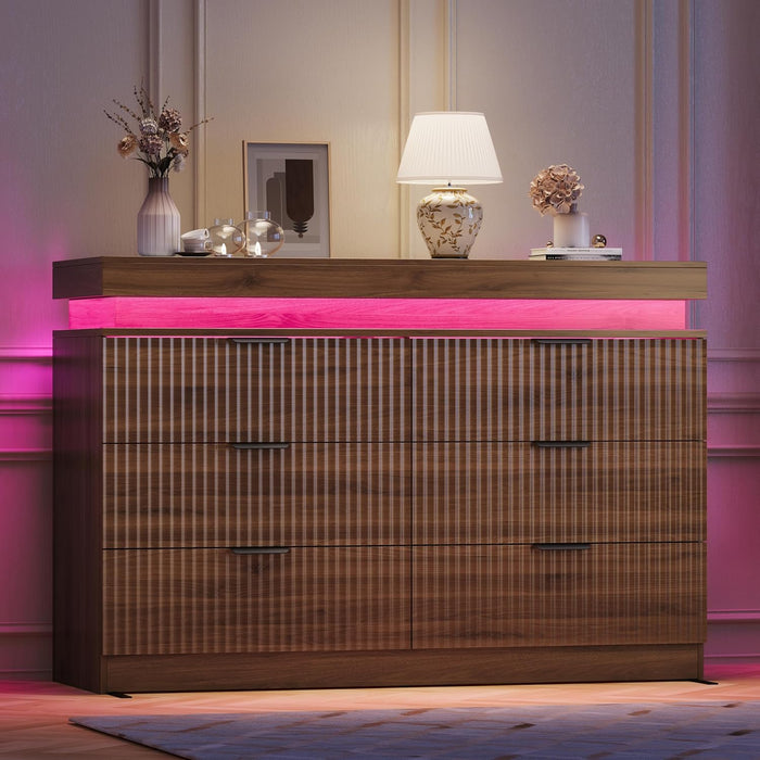 6 Drawer Dresser with LED Lights and Charging Station, 47" Wide Walnut Wood Fluted Dresser for Bedroom, Modern Chest of Drawers for Closet Organizer Cabinet for Living Room, Entryway, Hallway