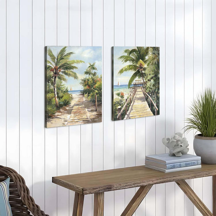 Tropical Beach Canvas Wall Art - 2 Piece Palm Tree Painting Coastal Ocean Scenery Pictures Seaside Prints House Decor Artwork for Bedroom