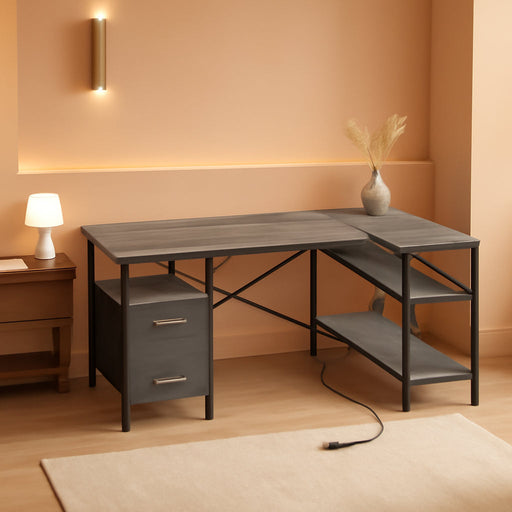 L Shaped Desk with Power Outlets, Computer Desk with 3 Drawers, 47 Inch Office Desk with Shelves, Gaming Desk, Corner Desk Work Desk for Home Office, Study, Grey