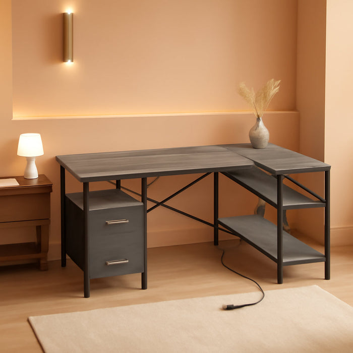 L Shaped Desk with Power Outlets, Computer Desk with 3 Drawers, 47 Inch Office Desk with Shelves, Gaming Desk, Corner Desk Work Desk for Home Office, Study, Grey