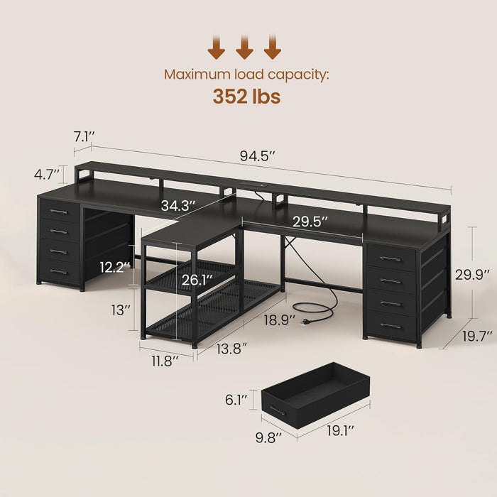 94.5" 2 Person Gaming Desk, Long Office Computer Desk with 8 Drawers & LED Light, Two Person Desk with Storage, Power Strip & Monitor Shelf for Home Office, Black