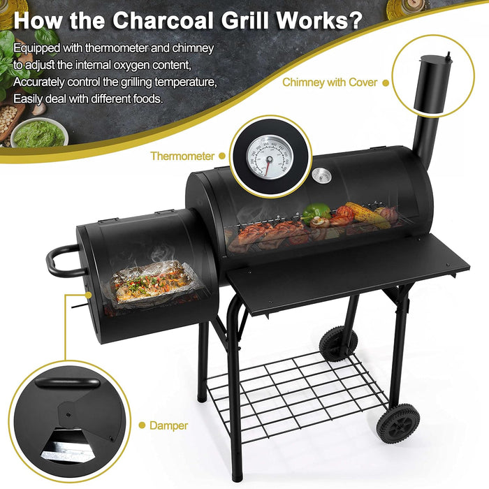 Charcoal Grill with Offset Smoker, Camping Barbecue Grill with Side Fire Box for Outdoor BBQ Smoking/Backyard Party Grilling, Thick Iron Steel & Dual Chamber Design, Thermometer & Chimney