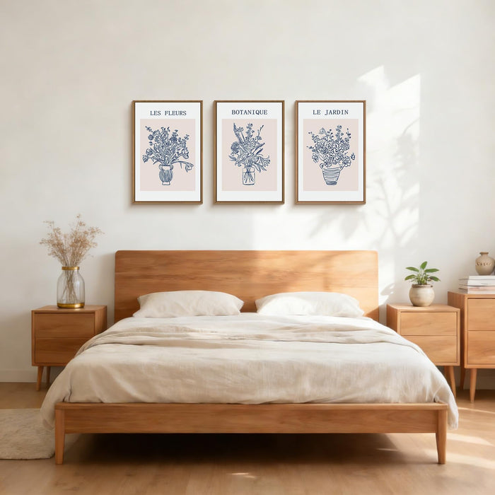 Blue Botanical Flower Framed Canvas Wall Art,Modern Aesthetic Wall Decor,Abstract Navy Blue Painting,Minimalist Line Wildflower Artwork for Living Room,Bedroom,Dining Room -16"X24"X3