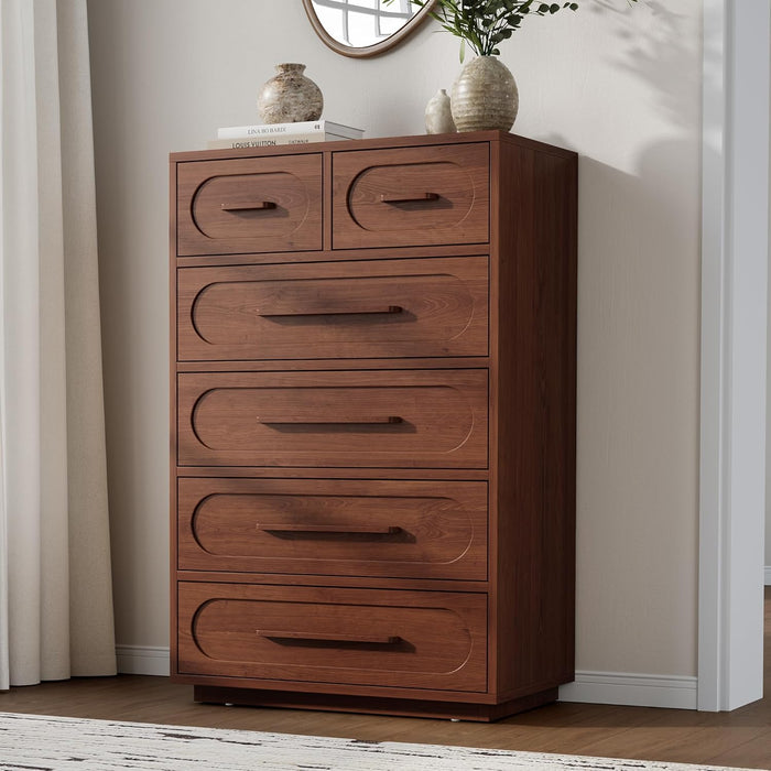 Walnut 6 Drawer Dresser for Bedroom, 44" Tall Dressers & Chest of Drawers W/Solid Wood Handle, Wood Mid Century Closet Organizers and Storage Cabinet for Bedroom, Living Room, Hallway, Walnut