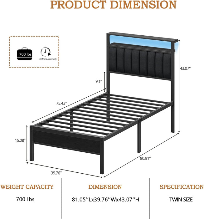 Twin Size Bed Frame with Charging Station and LED Lights