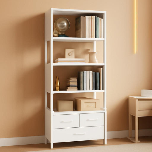 7 Tier Bookshelf, Tall Geometric Bookcase with Fabric Drawers, Modern Display Book Shelves Book Case for Living Room Bedroom, Wood Decorative Standing Shelving Unit for Home Office, White