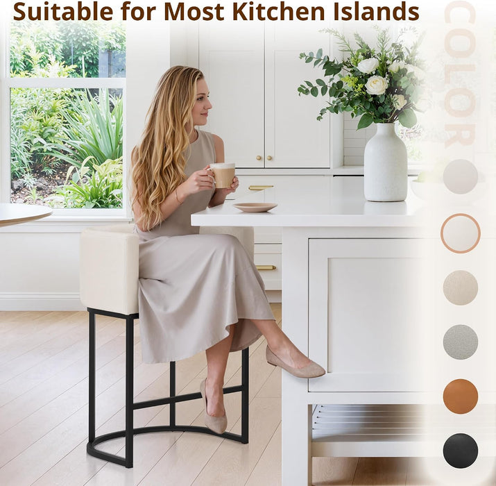 Counter Height Bar Stools Set of 3, Modern Barrel Counter Stools with Backrest and Arms, Black Metal Frames, Linen Fabric Upholstered Accent Barstools for Kitchen Island, Beige