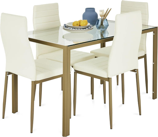 5-Piece Glass Dining Set, Modern Kitchen Table Furniture for Dining Room, Dinette, Compact Space-Saving W/Glass Tabletop, 4 Upholstered PU Chairs, Metal Steel Frame - Ivory/Gold