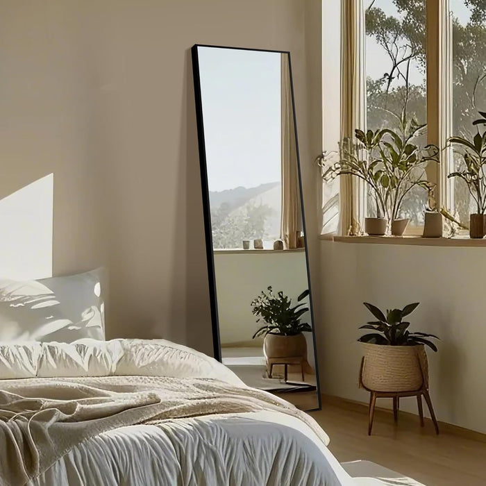 Wall Full Length Mirror,Standing Mirror Full Body,Large Floor for Wall Door Bedroom Bathroom Living Room with Aluminium Frame(With Stand,56X15-Black)