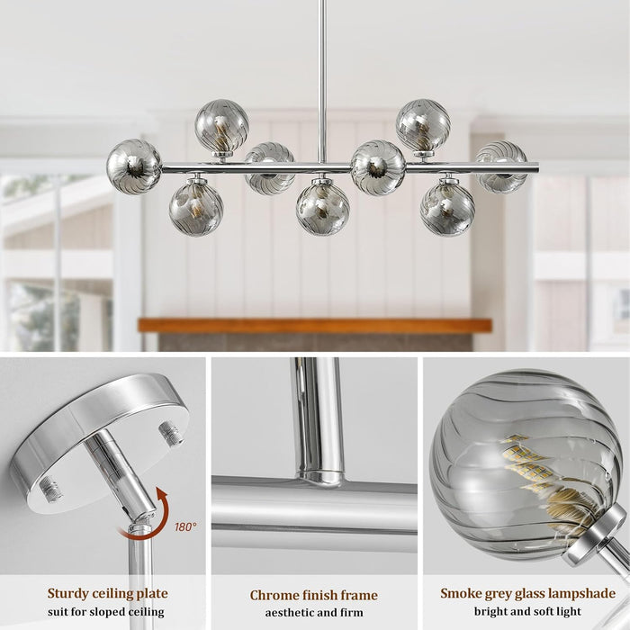Mid Century Modern Sputnik Chandeliers,9-Light Dining Room Light Fixture | Globe Smoke Grey Glass Dining Room Chandeliers,Chrome Long Linear Sputnik Ceiling Light,Modern Pendant Light Kitchen Island