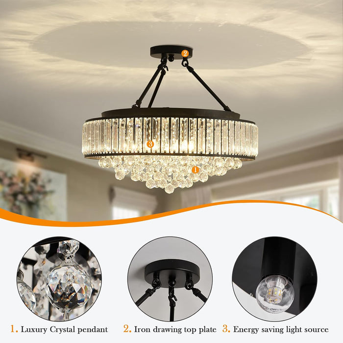 6-Light Modern Large Crystal Chandelier Black Metal E26 Semi Flush Mount round Light Fixture Ceiling Lamp Farmhouse for Dining Living Room Laundry Foyer Kitchen Balcony Bedroom