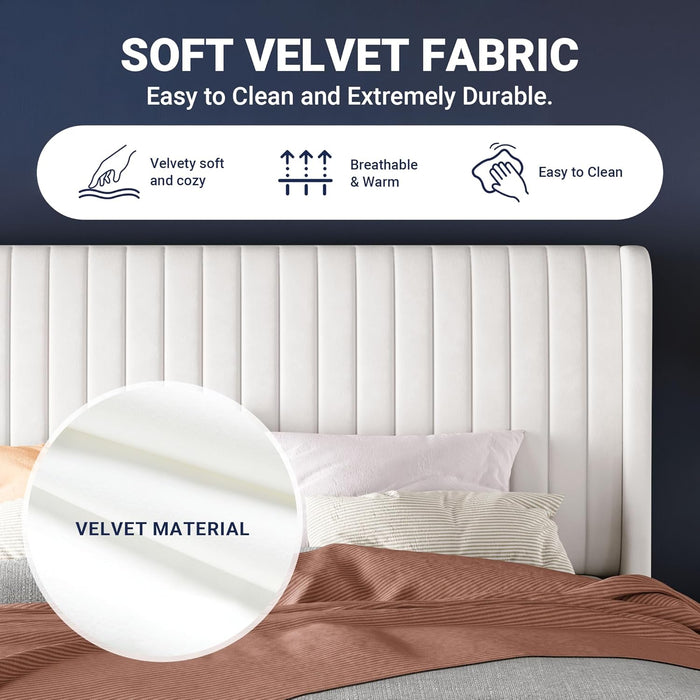 Queen Size Velvet Bed Frame/Vertical Channel Tufted Wingback Headboard/Upholstered Platform Bed/Strong Wooden Slats/No Box Spring Needed/Easy Assembly/White