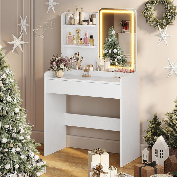 White Vanity Desk Mirror Featuring Integrated Lighting