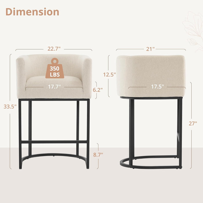 27" H Counter Height Bar Stools, Modern Barrel Counter Stools with Backrest and Arms, Black Metal Frames, Linen Fabric Upholstered Accent Barstools for Kitchen Island, Linen Color
