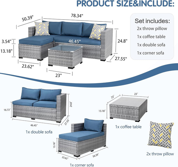 Patio Furniture Sets 3 Pieces Outdoor Sectional Sofa Silver All-Weather Rattan Wicker Sofa Small Patio Conversation Couch with Washable Cushion and Glass Table(Aegean Blue)