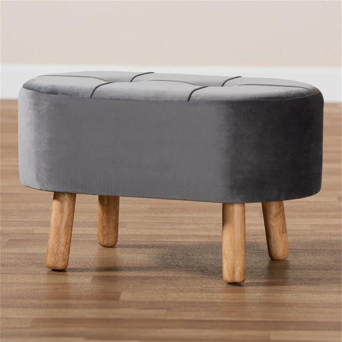 Simone Mid-Century Modern Grey Velvet Fabric Upholstered Wood Ottoman