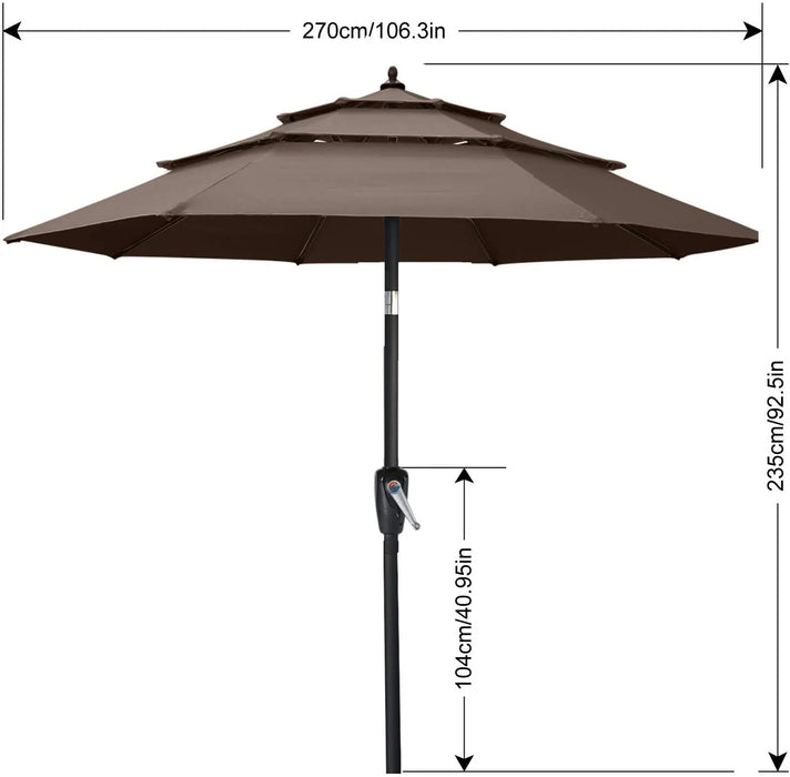 9FT 3 Tiers Patio Umbrella with Crank Handle, Brown