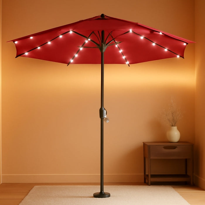 9Ft 2 Tiers Patio Umbrella with Solar Lights, Outdoor Umbrella W/ 32 LED Lights&8 Sturdy Ribs, Table Umbrella for Deck, Backyard, Pool(Red)