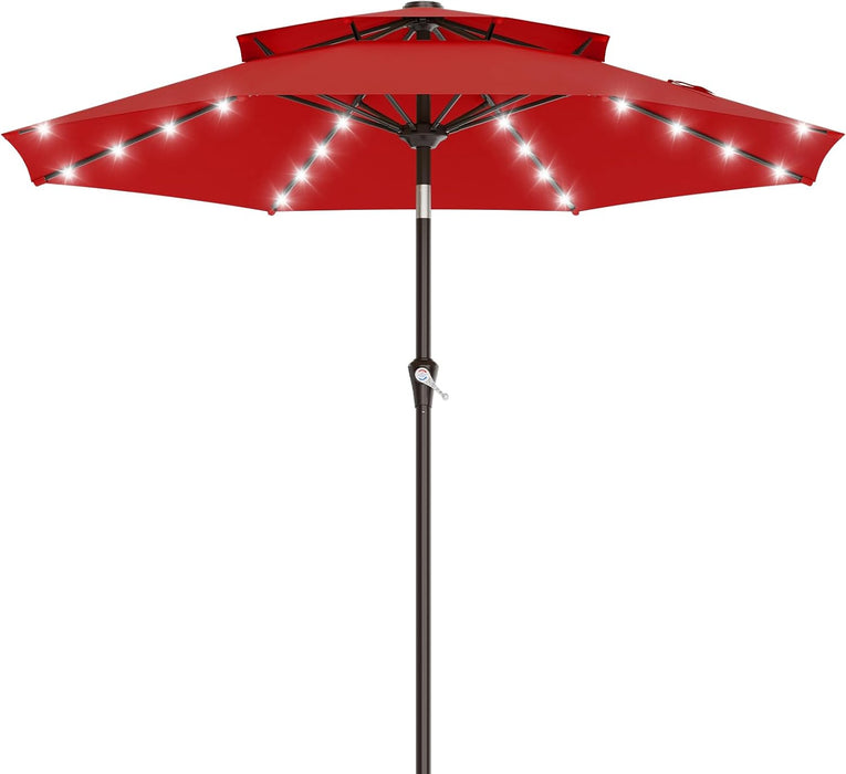 9Ft 2 Tiers Patio Umbrella with Solar Lights, Outdoor Umbrella W/ 32 LED Lights&8 Sturdy Ribs, Table Umbrella for Deck, Backyard, Pool(Red)