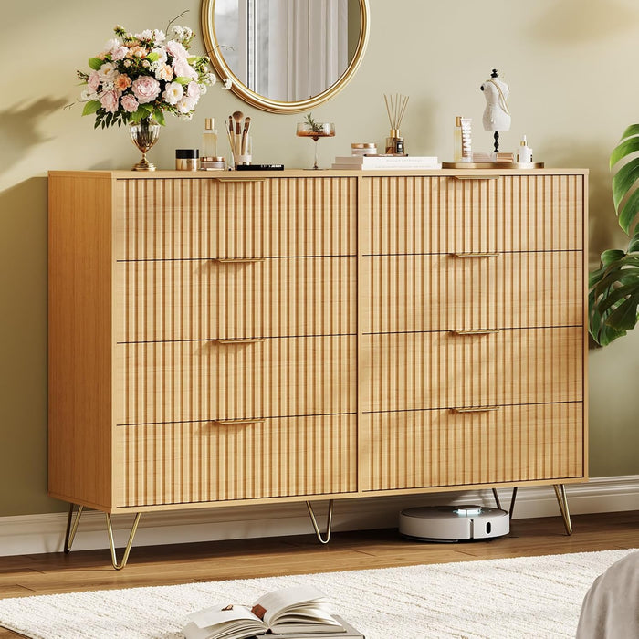 Fluted Dresser for Bedroom with 8 Drawers,55" Wide Modern Chest of Wooden Bedroom Chest with Metal Handle,Clothes Storage Organizer,Dresser & TV Stand for Living Room,Nutural