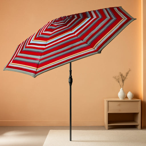 Sunnydaze Outdoor Patio Umbrella - Polyester Table Market Umbrella with Push-Button Tilt and Crank - 8 Sturdy Ribs - Awning Stripe - 9Ft
