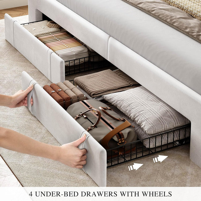 King Size Bed Frame with Adjustable Headboard, 4 Storage Drawers and RGB LED Lights, Velvet Upholstered Platform Bed with USB Ports, No Box Spring Needed, Fast Assembly, Noise-Free, White
