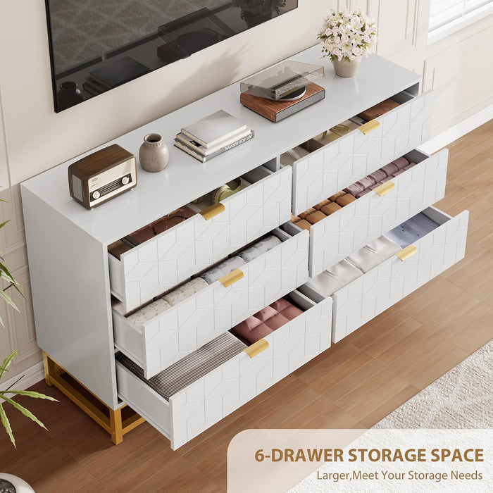 6 Drawer Dresser, White Modern 54" Large Dresser for Bedoom