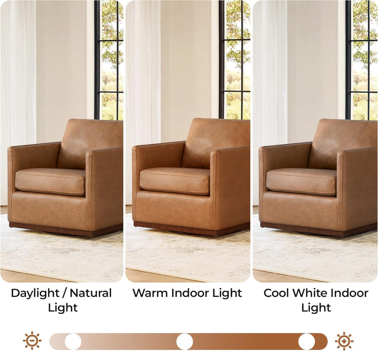 Genuine Leather Swivel Accent Chair, FSC Certified Mid Century Modern Arm Chair for Living Room and Bedroom, Fully Assembled, Saddle