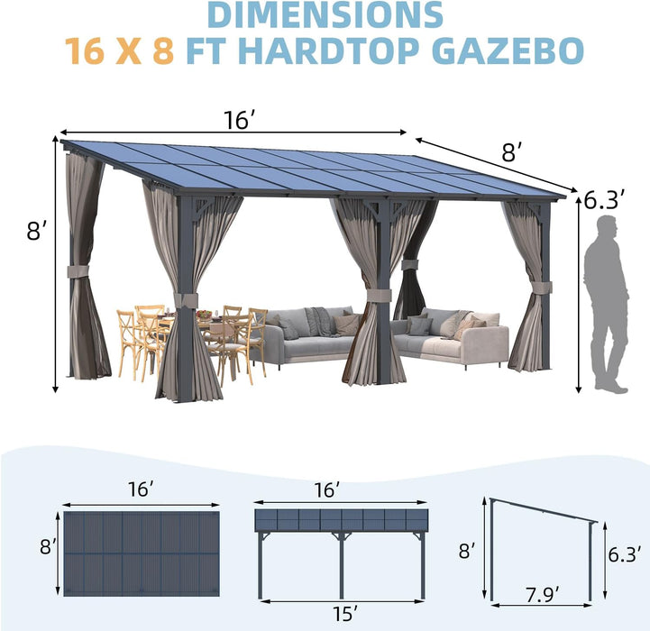 16x8 Residential Backyard Gazebo With Curtains Netting