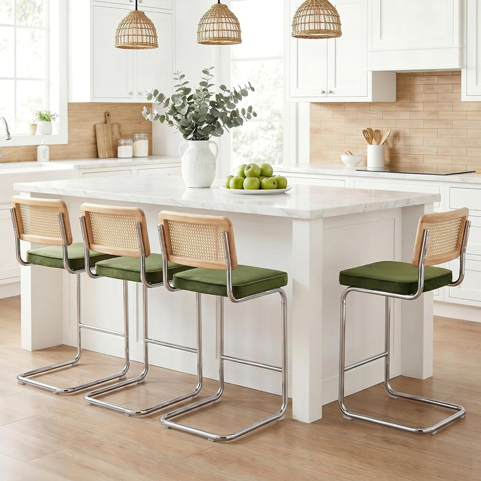 Natural Rattan Counter Stools Set of 2, 26" Modern Boho Barstools | Mid Century Modern Bar Stools with Cane Mesh & Chrome Legs, Vintage Velvet Fabric Counter Height Chairs for Kitchen, Green