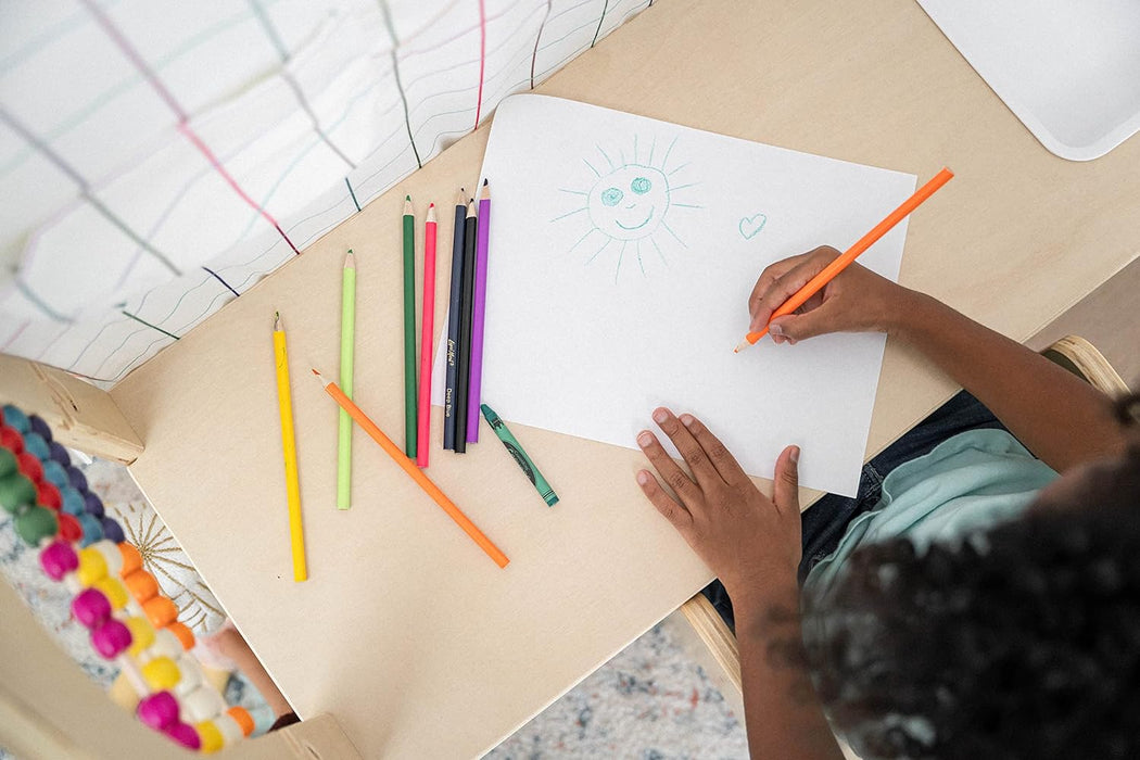 Flair Montessori Style Wooden 5 in 1 Indoor Playhouse Play Tent with Desk Table, Chair, Chalkboard, Floor Cushion and Curtain Shades for Babies, Toddlers, Kids (Large, Windowpane)