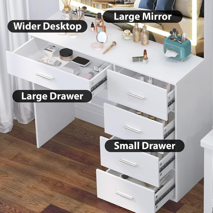 White Makeup Vanity Desk Set with Large Mirror, 31.5X14.2X51.5 Inch Makeup Vanity with 5 Drawrs, 3 Adjustable Light Modes, Vanity for Bedroom & Dressing Room