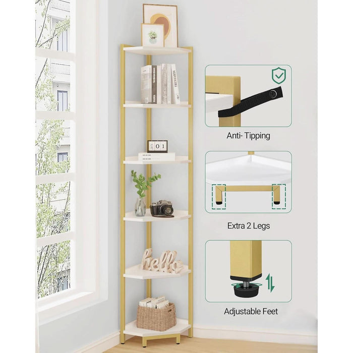 Corner Shelf Stand, Corner Bookshelf, Storage Standing Shelf Unit with Metal Frame, Plant Stand, Corner Bookcase for Living Room, Home Office, Bedroom, 6-Tier White Gold CS06003A