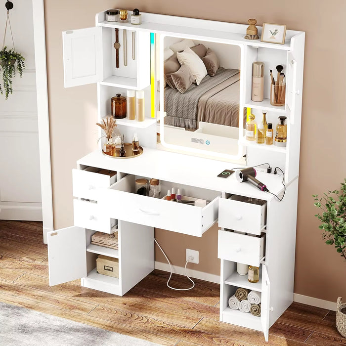 Vanity Desk with Mirror and Lights, Large Makeup Vanity with Lights &Charging Station, Dressing Table with 5 Drawers, 4 Cabinets