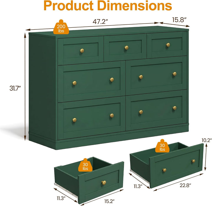 7 Drawer Dresser for Bedroom, Green Wood Chest of Drawers