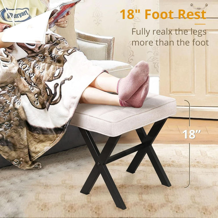 Ottoman Foot Stool Vanity Stool, Square Linen X-Leg Foot Rest Ottoman Makeup Stool, Small Stool Chair for Vanity, Modern Padded Vanity Seat for Makeup Room, Living Room, Bathroom, Linen Color