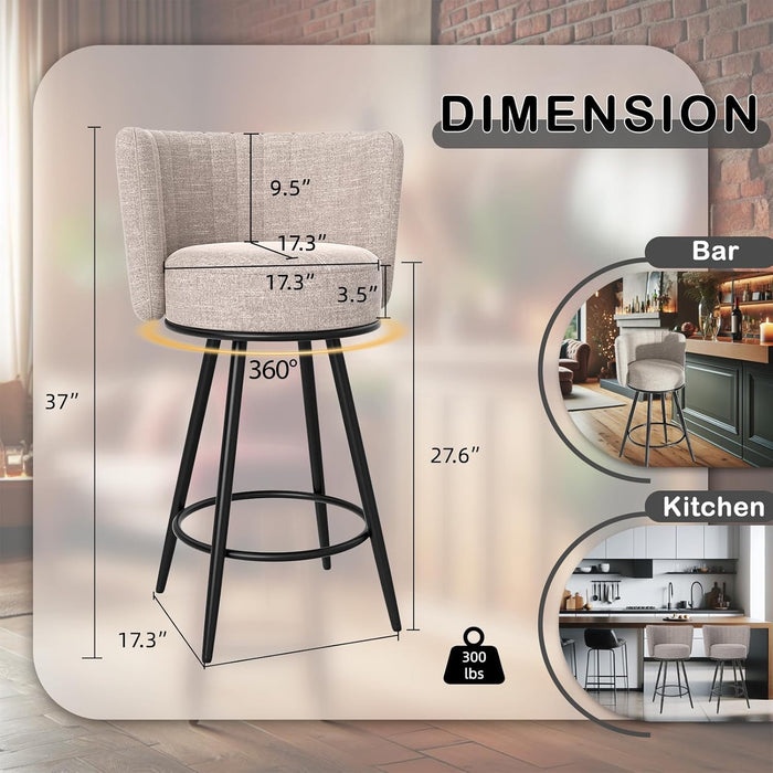 Bar Stools Set of 2, Counter Height Barstools with Back & Footrest Metal Legs, Counter Stools for Kitchen Island, Counter, Cafes, Dining Room (Swivel, Beige)
