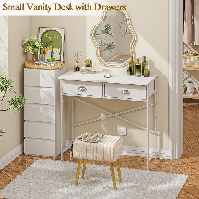 Small Vanity Desk No Mirror for Kids Bedroom, 31.5 Inch Vanity Table with Drawers, Makeup Vanity Desk for Narrow Spaces, White Dreessing Table(No Mirror)