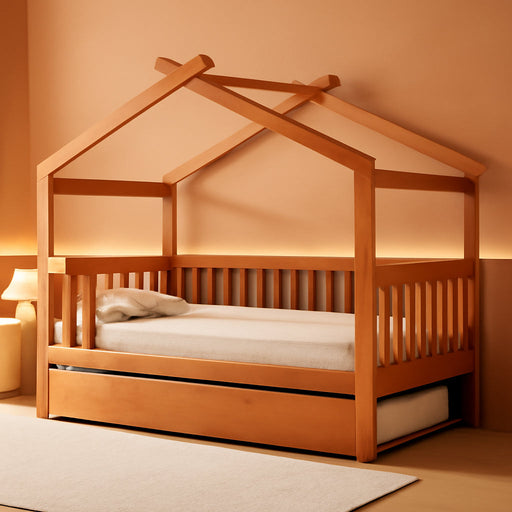 Walnut Solid Wood House Bed Trundle UnitBundleWithDrawers