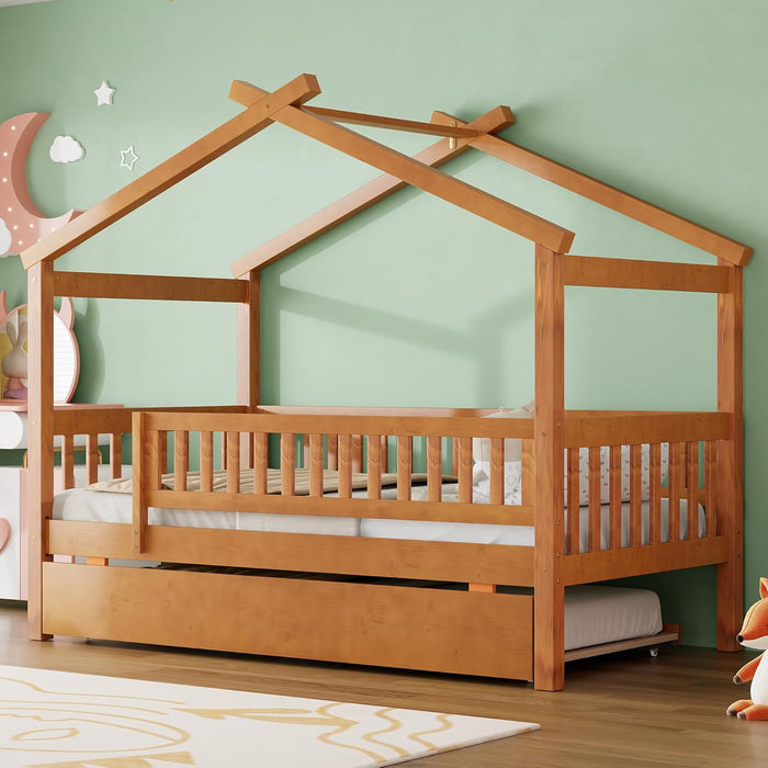 Walnut Solid Wood House Bed Trundle UnitBundleWithDrawers